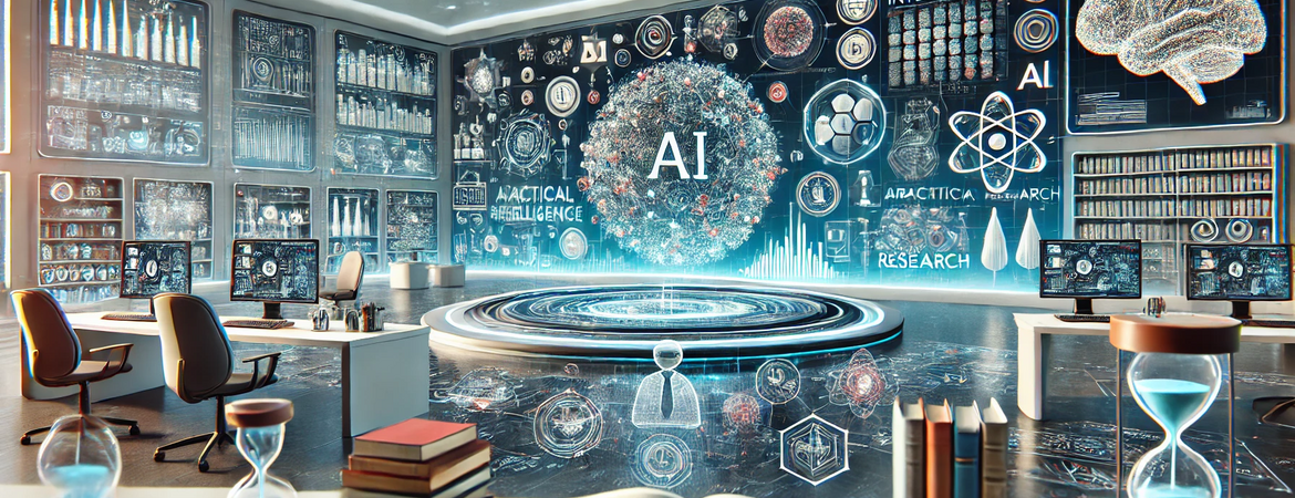 A conceptual image of an AI research center that blends digital and academic elements, featuring AI symbols, neural networks, and data streams in a futuristic environment.