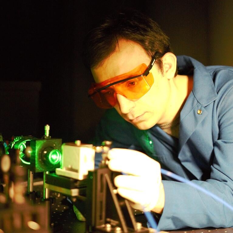 Fariborz Kargar uses the Brillouin spectrometer system