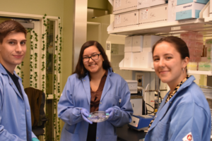 Three student researchers in the lab