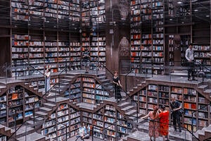 Digital illustration of interior of library containing enormous amount of books.