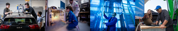 collage of students working with faculty or researchers in labs