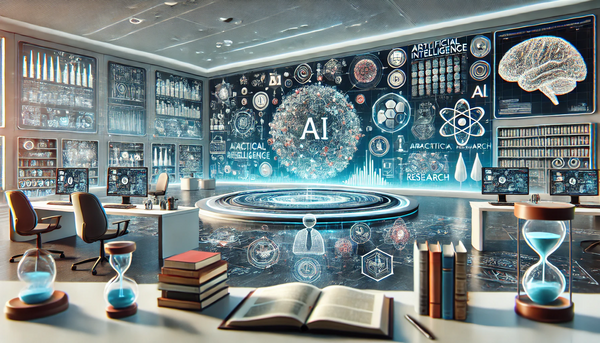 A conceptual image of an AI research center that blends digital and academic elements, featuring AI symbols, neural networks, and data streams in a futuristic environment. 