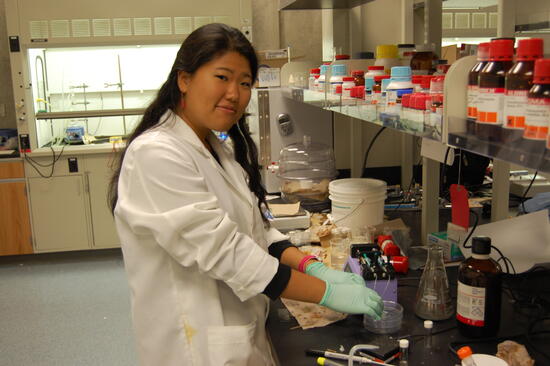 An undergraduate engineering student conducts research in a laboratory.