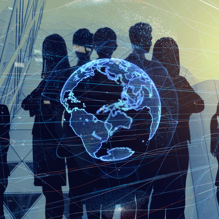 stylized globe image over silhouettes of people